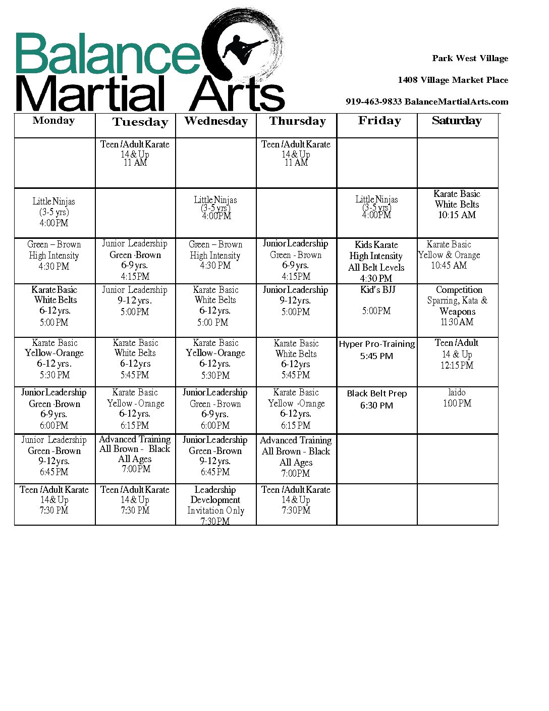 Schedule Balance Martial Arts Karate Morrisville Cary