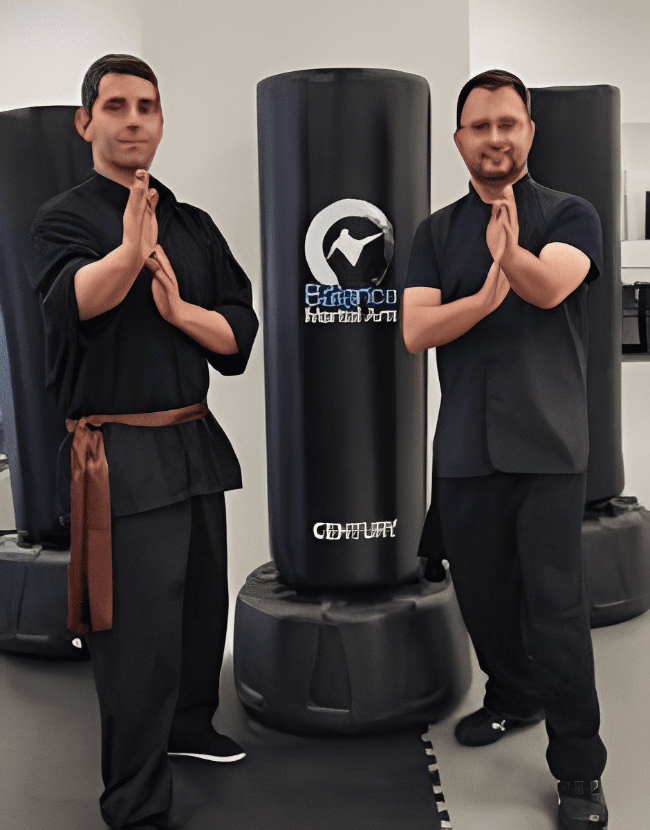 Two martial artists posing in black uniforms beside a Century punching bag.