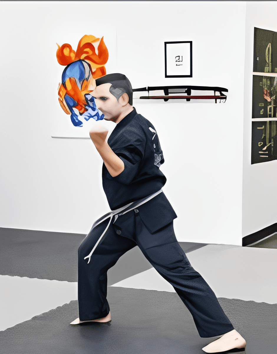 A person practicing martial arts in a dojo with a dragon mural.