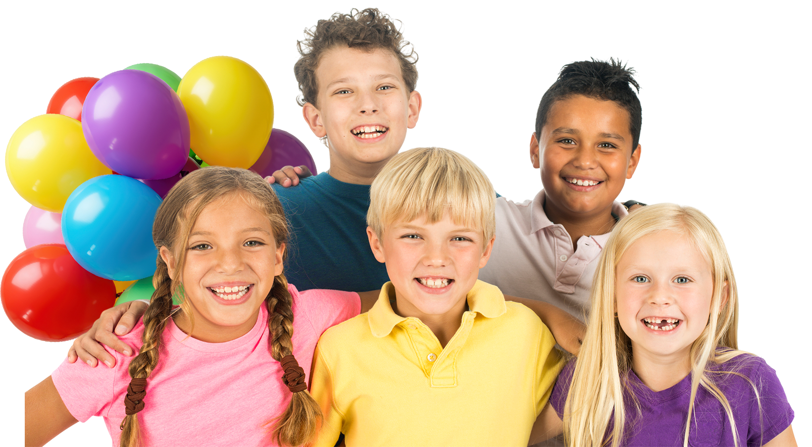 A diverse group of smiling children posing together.