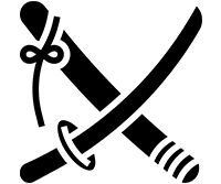 Two crossed swords with simple designs and a tied ribbon.