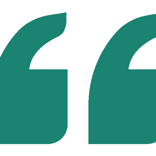 A green quotation mark symbol on a white background.